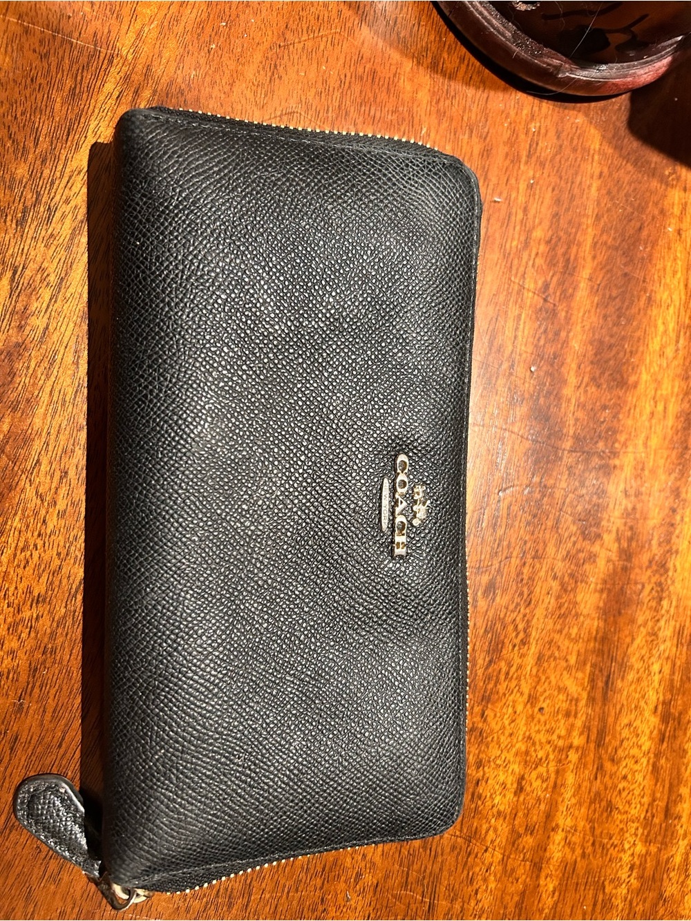 Coach Black Pebbled Leather Zip-Around Wallet with Gold Logo